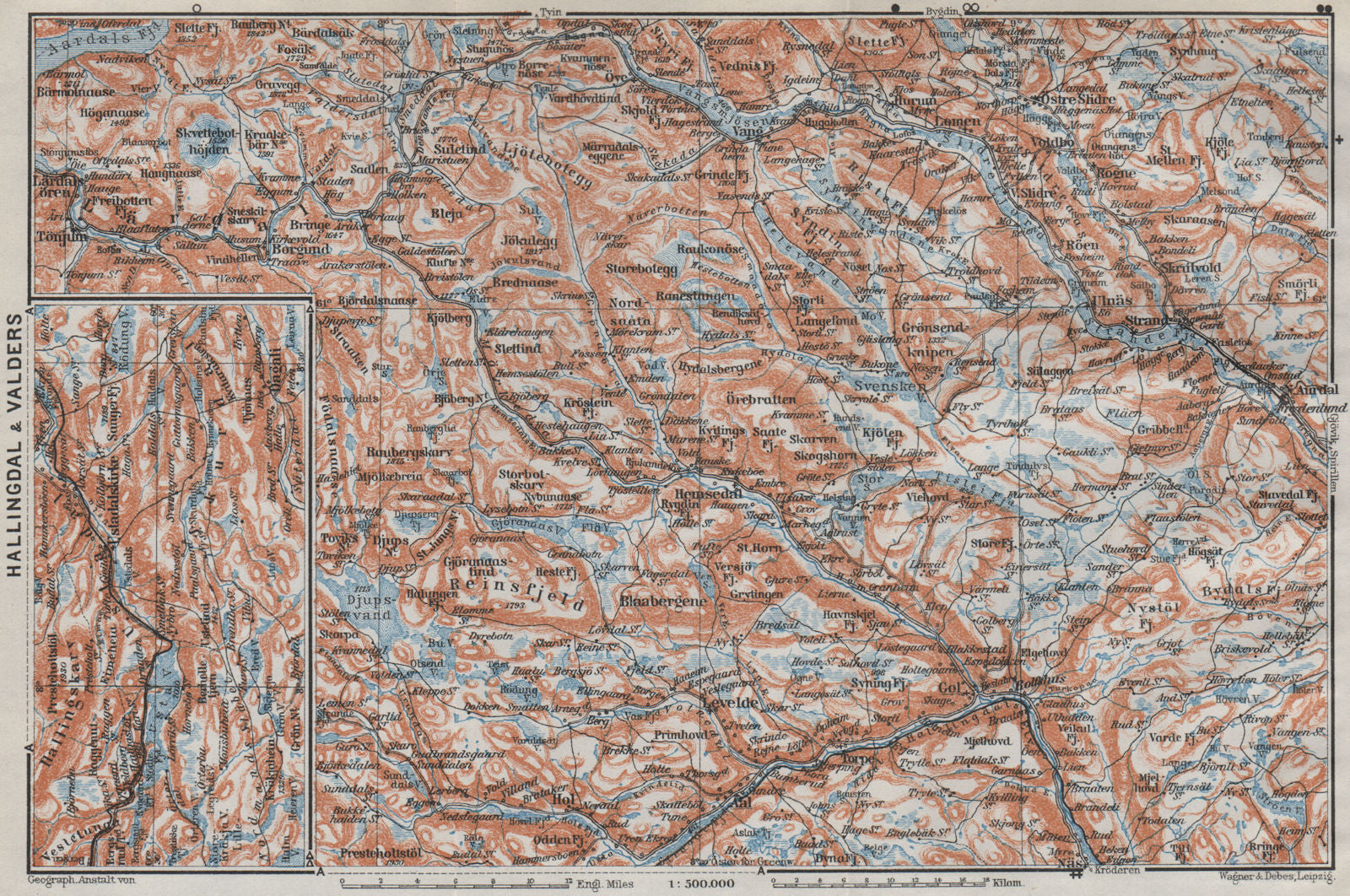HALLINGDAL & VALDRES. Hemsedal Fagernes Aurdal. Topo-map. Norway kart 1909